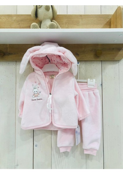 Tavşan Kulaklı Kapüşonlu Yumuşak Soft Kumaş Tavşancık Desenli Kız Bebek Ikili Takım