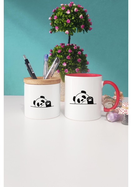 Merhaba Panda Kırmızı Kupa Bardak Kalemlik