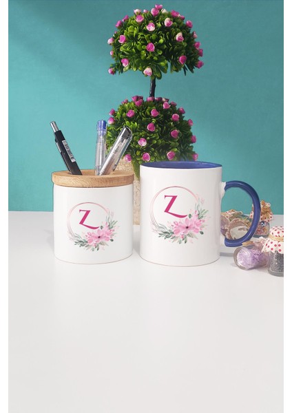 Çiçekli Z Harfli Lacivert Kupa Bardak Kalemlik
