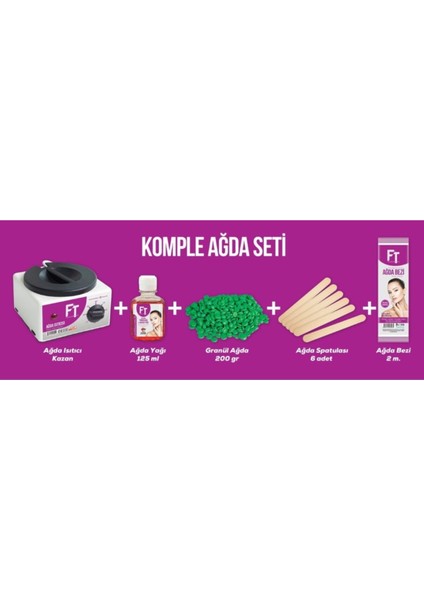 Ağda Isıtıcı Kazan, Granül Boncuk Ağda Azulen Soyulabilir, Ağda Yağı,Ağda Bezi 2 M,Spatula 6 Ade