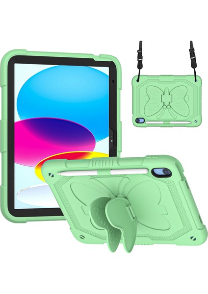 Ipad 10.9 (2022) Kelebek Şekli Kickstand Tablet Kasası Silikon + Pc Koruyucu Kapak Omuz Askılı Için Şok Geçirmez Kasa (Yurt Dışından)