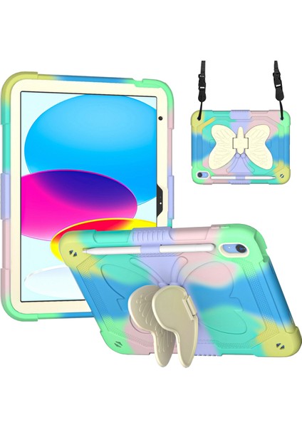 Ipad 10.9 (2022) Çift Renkli Silikon + Pc Tablet Kılıf Kelebek Şekli Kickstand Anti-Drop Koruyucu Kapak Omuz Kayışı (Yurt Dışından)