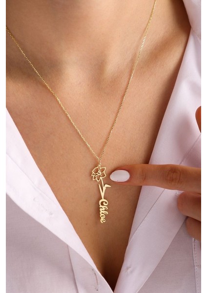 Çiçek Detaylı Kişiye Özel Isimli Gold 925 Ayar Gümüş Kadın Kolye