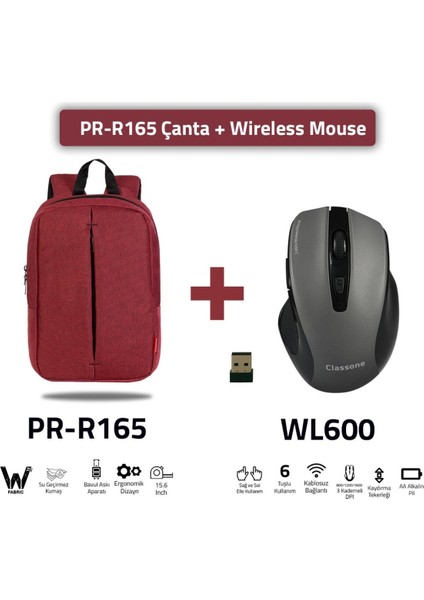 PR-R165-WL600 Mouse -15.6" Su Geçirmez Kumaş Laptop ,notebook Sırt Çantası+ Kablosuz Mouse