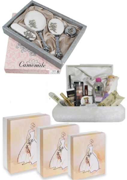 Gelin Sandıklı Makyaj ve Cilt Bakım Seti -3'lü Gelin Figürlü Gelin Çeyiz Kutuları Ayna Tarak