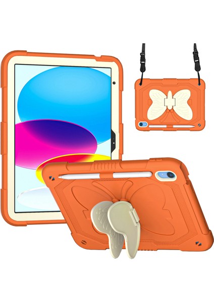 Ipad 10.9 (2022) Çift Renkli Silikon + Pc Tablet Kılıf Kelebek Şekli Kickstand Anti-Drop Koruyucu Kapak Omuz Kayışı (Yurt Dışından)