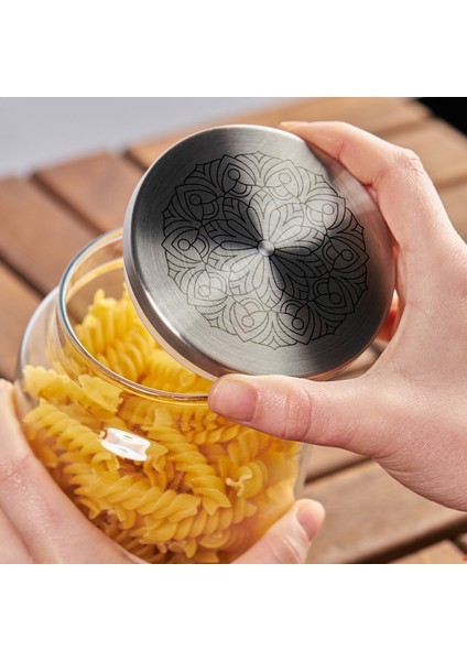 Mandala Tasarım Metal Vakum Kapaklı 3'lü Cam Kavanoz Seti
