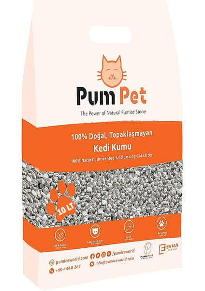 Pumice World Pum Pet Topaklaşmaz Kedi Kumu Kokusuz Kalın(1-7mm) Tane Topaklanmaz Çok Hafif 10 Litre