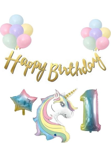 Unicorn Balonlu Kaligrafi Happy Bırthday 1 Yaş Balon Set