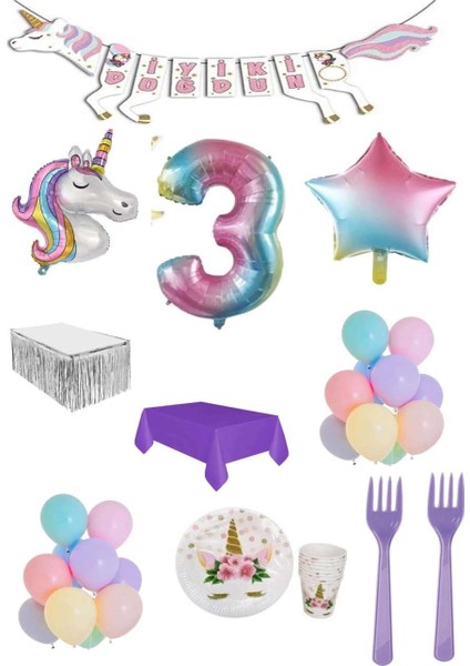 Unicorn Temalı Doğum Günü Parti Seti 3 Yaş