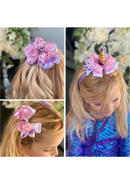 Unicorn Özel Tasarım Çocuk Taç Toka 4 Lü Set Lila Mor Pembe fiyatları