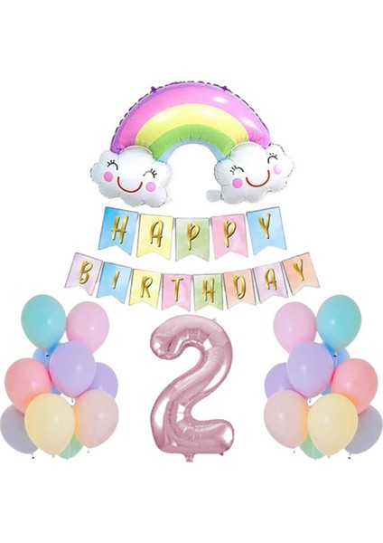 2 Yaş Gülen Gökkuşağı Pembe Rakam Folyo Balon Set