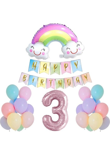 3 Yaş Gülen Gökkuşağı Pembe Rakam Folyo Balon Set