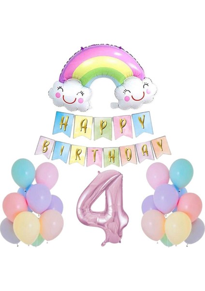 4 Yaş Gülen Gökkuşağı Pembe Rakam Folyo Balon Set