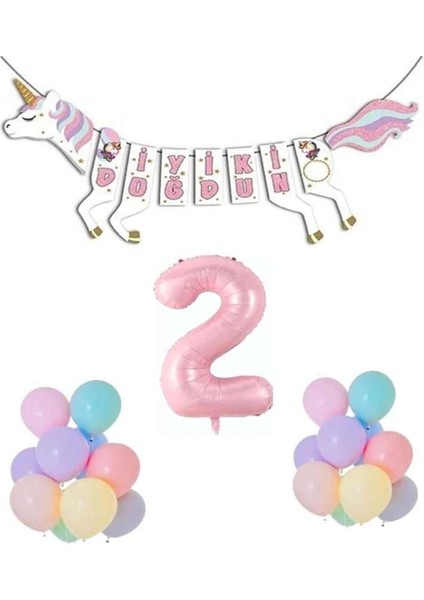Unicorn Doğum Günü Seti Rakam Folyo 2 Yaş