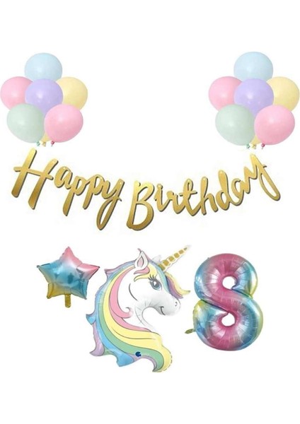 Unicorn Balonlu Kaligrafi Happy Bırthday 8 Yaş Balon Set