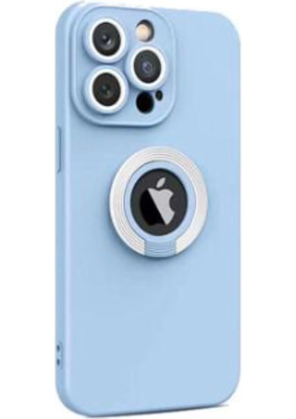Apple iPhone 13 Pro Max Kapak Kamera Korumalı Standlı Logo Açık Yüzüklü Silikon Kılıf - Mavi - Beyaz fiyatları