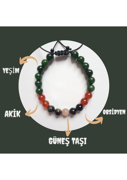 Doğal Taş Erkek Umut Bilekliği Yeşim Akik Güneş Taşı Obsidyen 8 mm fiyatları