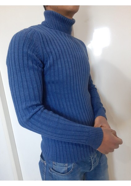 Erkek Mavi Boğazlı Kazak
