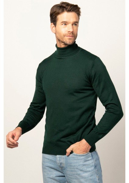 Slim Fit Dar Kesim Tam Boğazlı Yaka Düz Yün Erkek Kazak