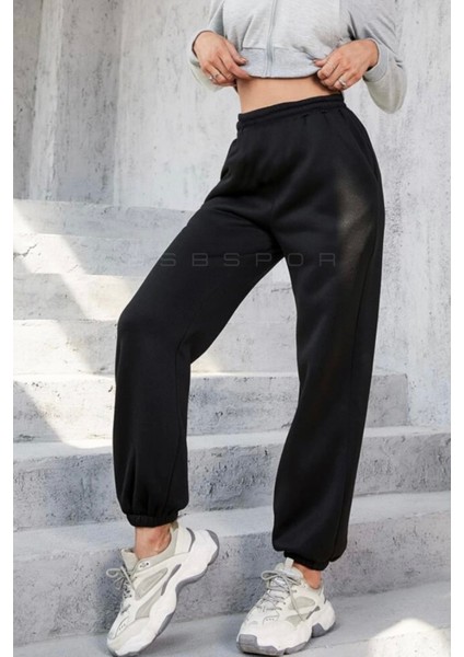 Kalın Kışlık Siyah Bol Kalıp Oversize Eşofman Altı Lastikli Paça