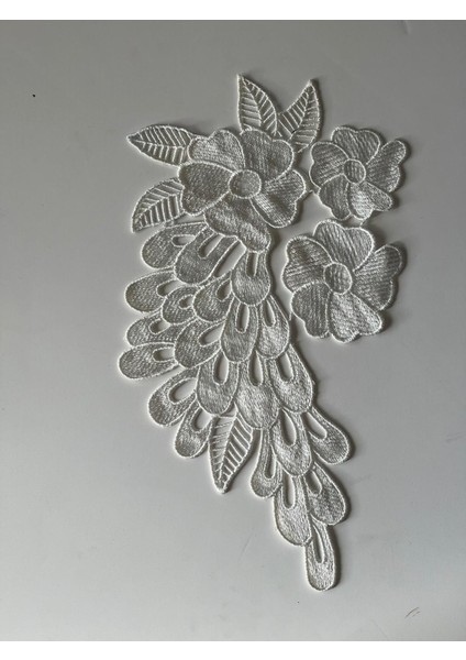 33X18 cm Nakış Beyaz Çiçek ve Yapraklı Aplike Yama