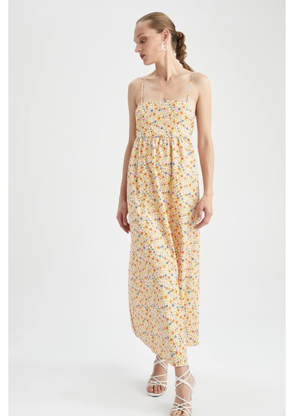 A Kesim Kare Yaka Floral Askılı Poplin Maxi Dokuma Elbise X6654AZ22SM