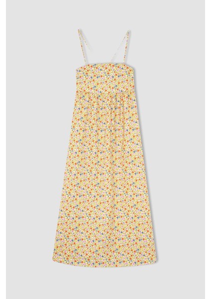 A Kesim Kare Yaka Floral Askılı Poplin Maxi Dokuma Elbise X6654AZ22SM