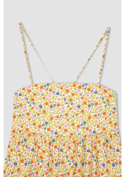 A Kesim Kare Yaka Floral Askılı Poplin Maxi Dokuma Elbise X6654AZ22SM