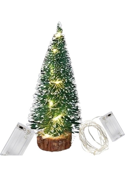 Gün Işığı Renk Demonte Peri LED Işıklı Karlı Iğne Yapraklı Masa Üstü Çam Ağacı Yeşil Renk 20 cm