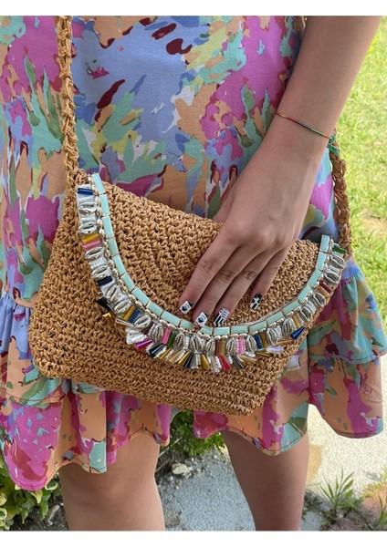 El Örgüsü Inci ve Boncuk Taşlı Askılı Tasarım Kağıt Ip Portfoy Clutch Çanta 27X21