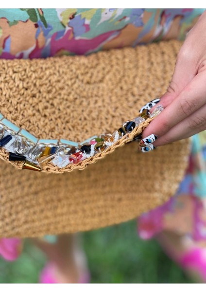 El Örgüsü Inci ve Boncuk Taşlı Askılı Tasarım Kağıt Ip Portfoy Clutch Çanta 27X21