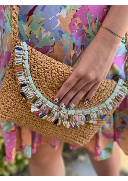 El Örgüsü Inci ve Boncuk Taşlı Askılı Tasarım Kağıt Ip Portfoy Clutch Çanta 27X21
