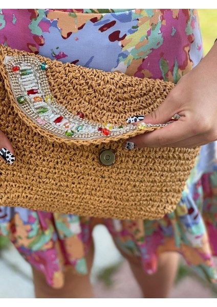 El Örgüsü Inci ve Boncuk Taşlı Askılı Tasarım Kağıt Ip Portfoy Clutch Çanta 27X21