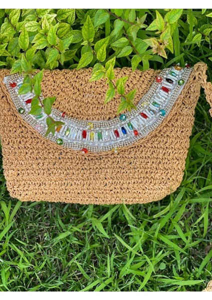 El Örgüsü Inci ve Boncuk Taşlı Askılı Tasarım Kağıt Ip Portfoy Clutch Çanta 27X21