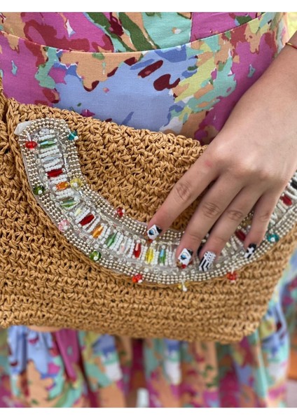 El Örgüsü Inci ve Boncuk Taşlı Askılı Tasarım Kağıt Ip Portfoy Clutch Çanta 27X21