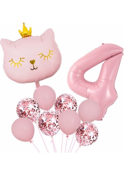 Pembe Kedi Balon Set Balon Folyo Set Konsept Doğum Günü Set Yaş Balon Set