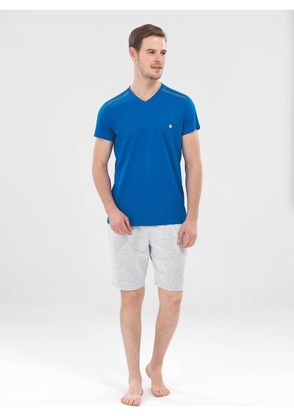 Erkek V-Yaka T-Shirt 7657 - Mavi