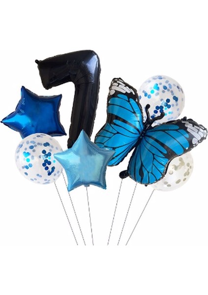 Mavi Kelebek Balon Set Yıldız Balon Folyo Set Konsept Doğum Günü Set Yaş Balon Set