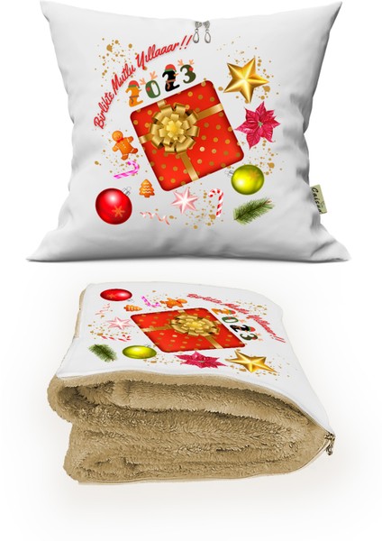 Yılbaşı Hediyesi Battaniyeli Yastık-Kırlent Happy New Year Opsiyonel Tv Battaniyeli Yastık 110X170CM