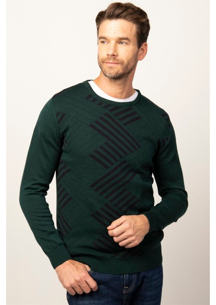 Slim Fit Dar Kesim Bisiklet Yaka Desenli Erkek Kazak