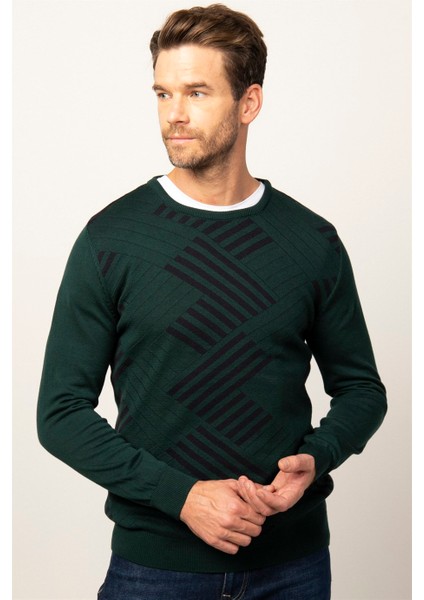 Slim Fit Dar Kesim Bisiklet Yaka Desenli Erkek Kazak fiyatları