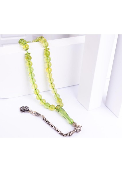 Gümüş Püsküllü Küre Kesim Yeşil Damla Kehribar Tesbih -Z3094 fiyatları