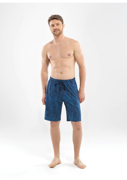 Erkek Şort Pijama Altı - 7877 - Denim Yaprak Desenli