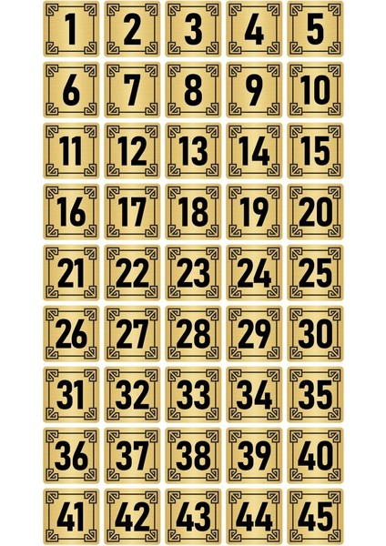 Metal Kapı Masa Dolap Numara Levhası 7X7CM Altın Renk 45 Adet (1…45)