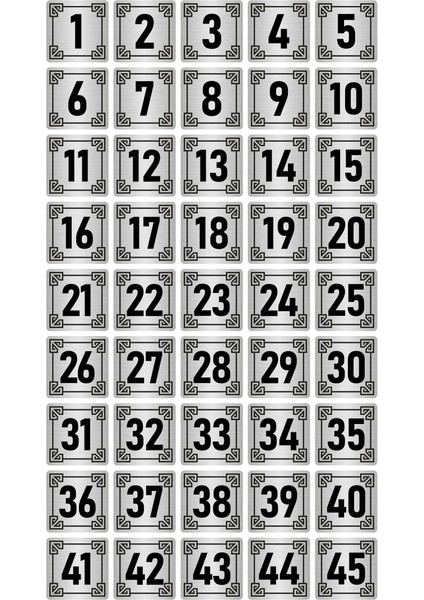 Metal Kapı Masa Dolap Numara Levhası 7X7CM Gümüş Renk 45 Adet (1…45)
