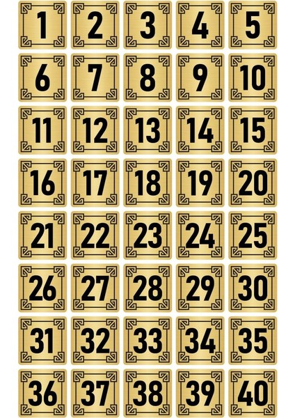 Metal Kapı Masa Dolap Numara Levhası 7X7CM Altın Renk 40 Adet (1…40)