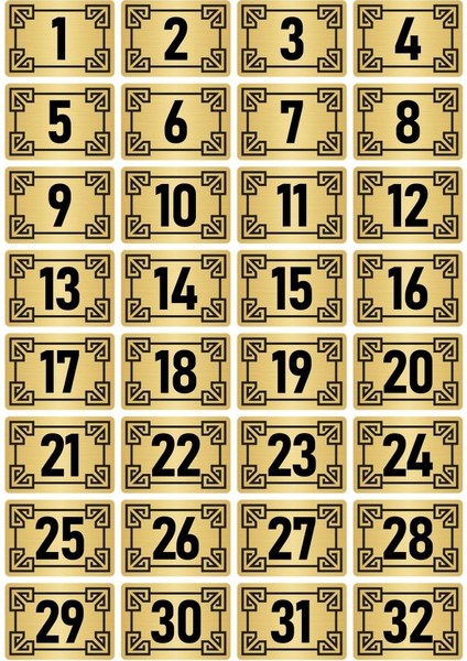 Metal Kapı Masa Dolap Numara Levhası 7X10CM Altın Renk 32 Adet (1…32)