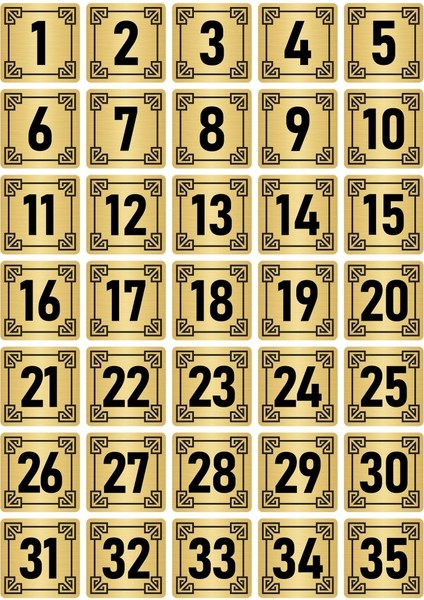 Metal Kapı Masa Dolap Numara Levhası 10X10CM Altın Renk 35 Adet (1…35)