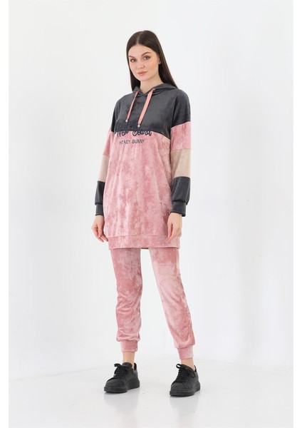 Fransız Kadife Peluş Nakış Baskılı Kadın Eşofman Takımı - Pudra